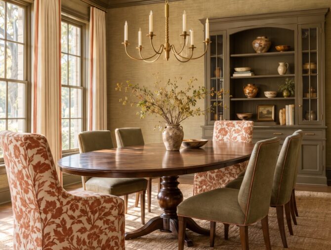 Illustration of a New Traditional dining room with olive grasscloth walls, deep olive trim, clay and ivory print host chairs and olive side chairs