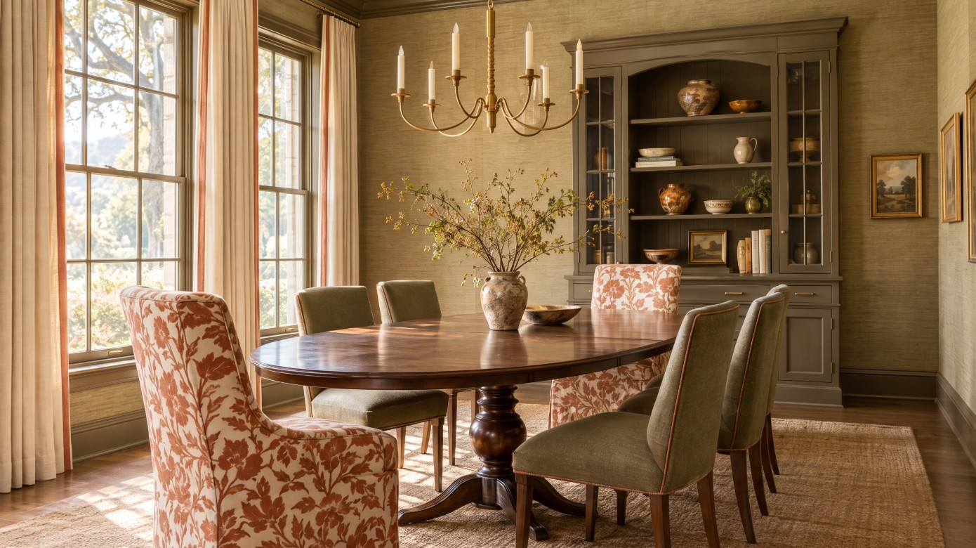 Illustration of a New Traditional dining room with olive grasscloth walls, deep olive trim, clay and ivory print host chairs and olive side chairs